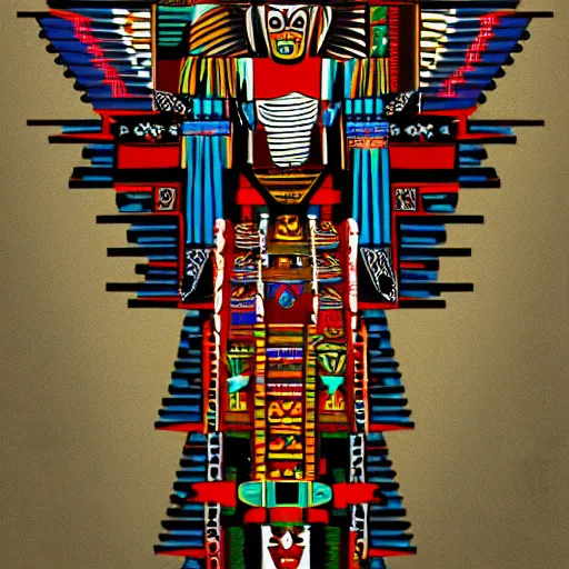 Prompt: Aztec design, tribal, totem pole, pyramid, religion, primal, digital art, extremely detailed, trending on artstation