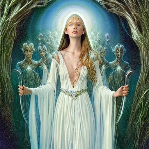 Image similar to ethereal majestic beauty white dress lady Galadriel the elven seer by Mark Brooks, Donato Giancola, Victor Nizovtsev, Scarlett Hooft, Graafland, Chris Moore