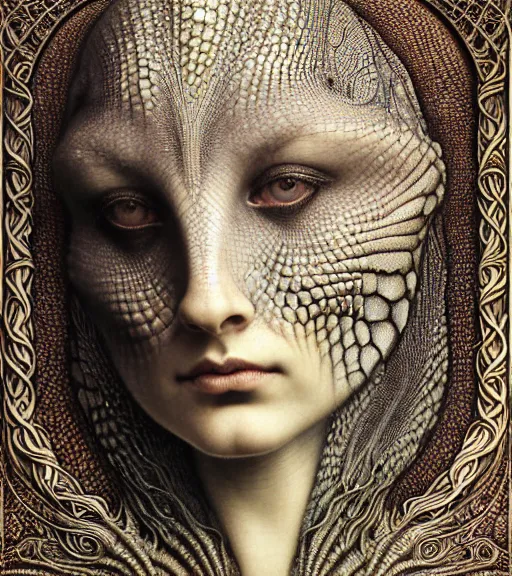 Image similar to detailed realistic beautiful reptile goddess face portrait by jean delville, gustave dore, iris van herpen and marco mazzoni, art forms of nature by ernst haeckel, art nouveau, symbolist, visionary, gothic, neo - gothic, pre - raphaelite, fractal lace, intricate alien botanicals, ai biodiversity, surreality, hyperdetailed ultrasharp octane render