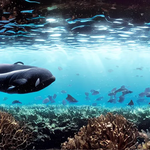 Image similar to hyperrealistic underwater photography, panoramic picture of an ocean floor with in the distance some baluga whales. focus on the whales. the whales are anatomically correct and highly detailed. lots of bubbles. seaweed and some rocks. gloomy scattered light entering from the water surface, trending on artstation, hq, 8 k