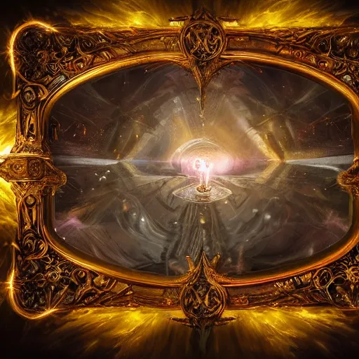 Prompt: a spell binding mirror, glowing magical symbols surrounding the mirror, epic mystical background by Keith Thompson and Christopher Bretz, highly detailed, digital painting, HDRI, vivid colors, high contrast, 8k resolution, intricate, photorealistic, smooth