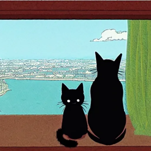 Image similar to a black cat and pug dog who are in love and hold hands while looking out over a city, Miyazaki, studio ghibli