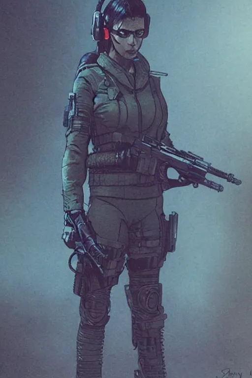 Image similar to Sonya. Confident blackops mercenary in tactical gear and cyberpunk headset. Blade Runner 2049. concept art by James Gurney and Mœbius.