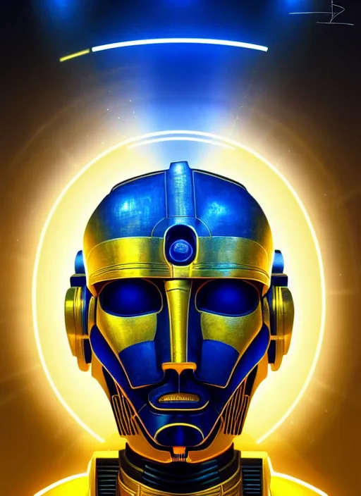 Image similar to symmetry portrait of c 3 p 0, sci - fi, tech wear, blue and yellow glowing lights, intricate, elegant, highly detailed, digital painting, artstation, concept art, smooth, sharp focus, illustration, art by artgerm and greg rutkowski and alphonse mucha