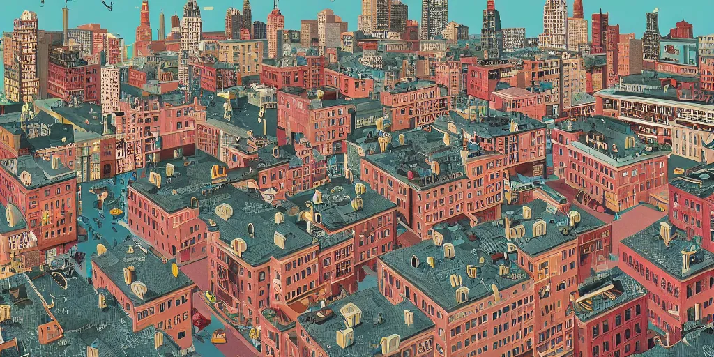 Image similar to A cityscape illustrations, by Wes Anderson, hyper detailed, intricate