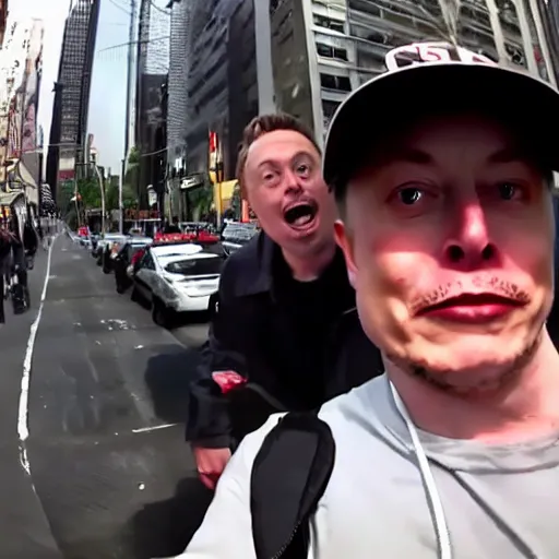 Image similar to bodycam footage of a homeless elon musk going crazy and scamming people, new york streets, wide angle, fisheye, uhd, 4 8 0 p, bodycam, paparazzi, bad quality, pov
