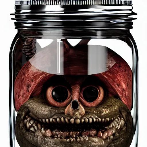 Image similar to Evil monster in a jar by John Howe, product photography, centered, studio lightning