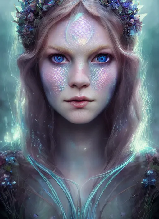 Image similar to portrait of a gorgeous fairy princess of the forest, perfect blue eyes, detailed iridescent fractal pattern skin, 8k render, ultra realistic, cinematic lighting, artstation, artgerm, Seb McKinnon