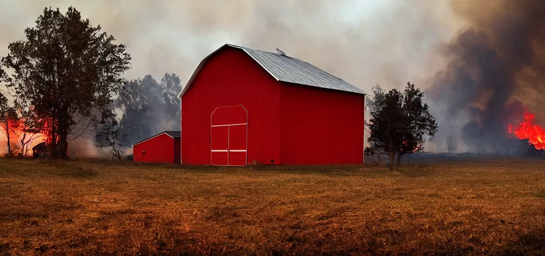 Prompt: full portrait of a modern red farm::forest behind the barn is on fire:: inferno, smoke, flames, dark, gloomy, horror, screaming:: insanely detailed, photorealistic:: cinematic, dramatic lighting,