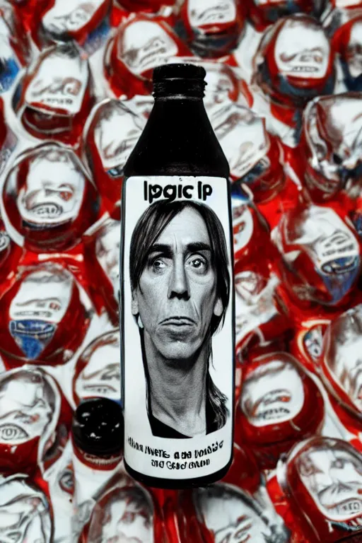 Prompt: a plastic bottle of cola with iggy pop's head on the cap and label