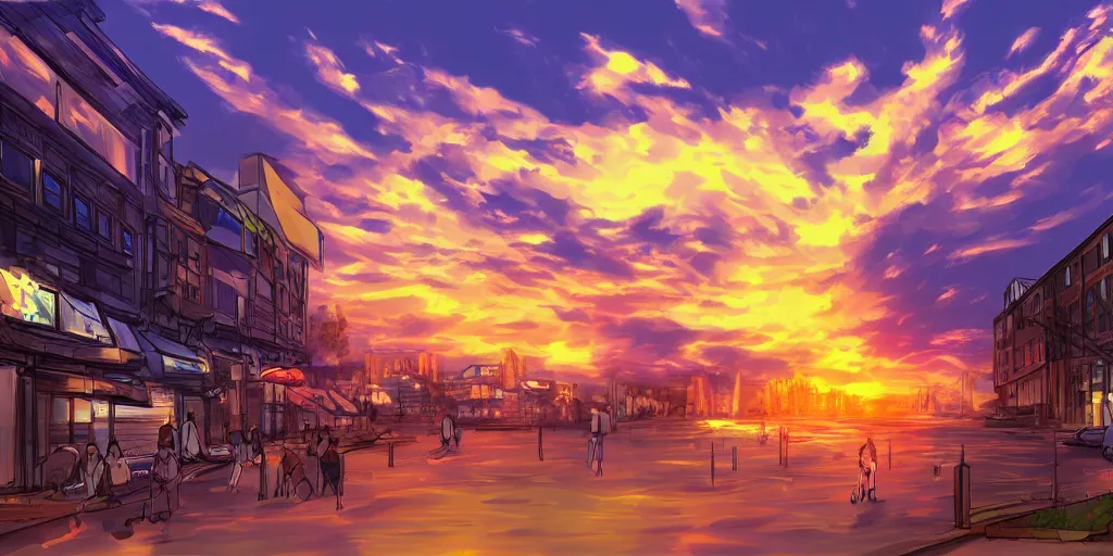 Prompt: a beautiful digital drawing of a sunset in a city, anime styled, digital painting
