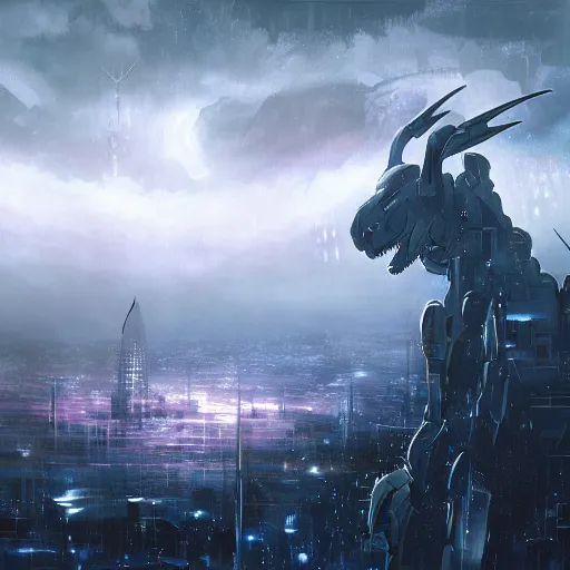 Prompt: a large alien creature standing over a city in fog. rain storm. in anime style, dark color, ultra wide angle, panoramic, fish eye, colorfull painting, centered, front, horizont, outline, stars, gundam, detailed, art by stephan martiniere, 4 k resolution