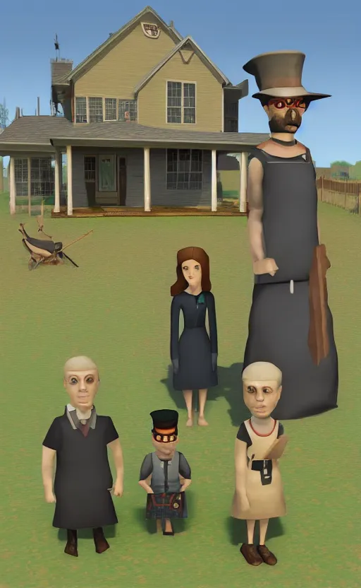 Image similar to American Gothic by Grant Wood in the style of Runescape, high quality render