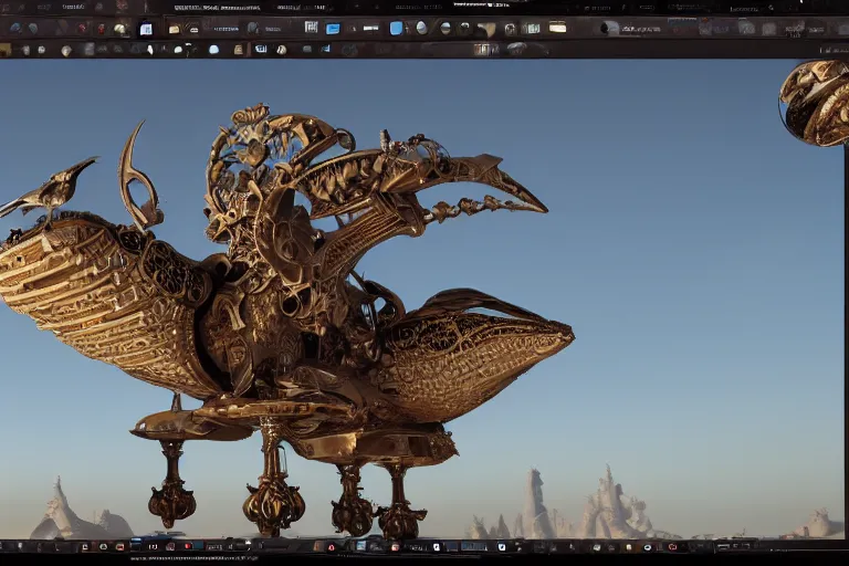 Image similar to Gigantic luxury baroque steampunk birdshaped spaceship made of bone, rendered in unreal engine 5, cryengine, arnold and zbrush, epic lighting