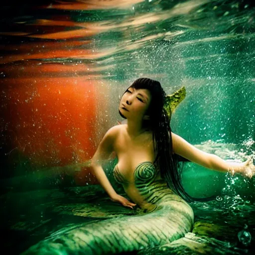 Image similar to beautiful scary japanese mermaid in emotional movement, underwater photography and light scattering, water refractions turned out impressive imho,