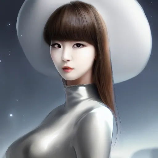 Prompt: close-up portrait of a beautiful Korean Luxurious Goddess wearing an elegant futuristic outfit posing dramatically in the art style of WLOP, 4k quality