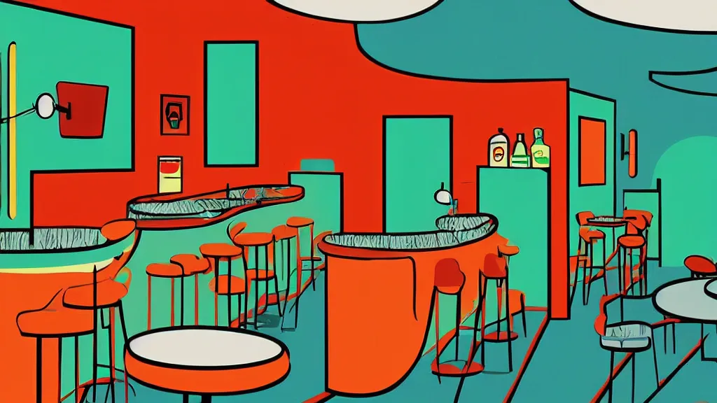 Image similar to an illustration of a bar/lounge, mid century modern cartoon style, extremely detailed, orange red green and blue colour palette,the art of the incredibles, by teddy newton