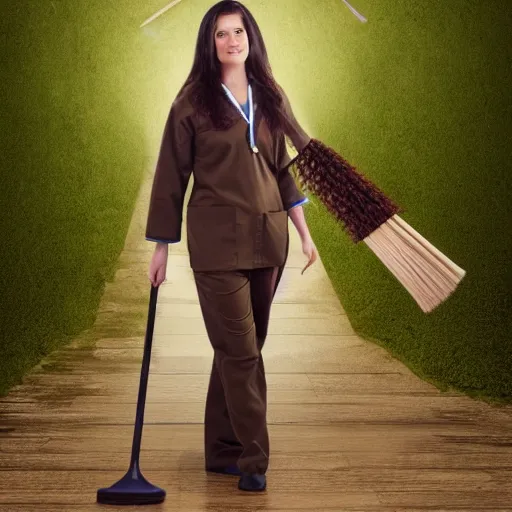 Image similar to a nurse with long brown hair and wearing green scrub pants riding a broomstick like a witch