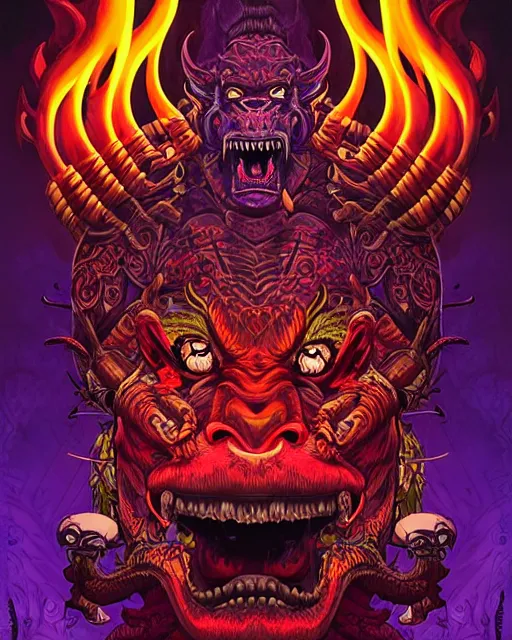 Prompt: barong family member, horns, very muscular, eyes in red fire, red smoke with purple lightning background, wiwek, mara demon, one single tribe member, jungle, one single mask, dark, ancient warrior, gorilla, lizard, inner glow, art by dan mumford and justin gerard