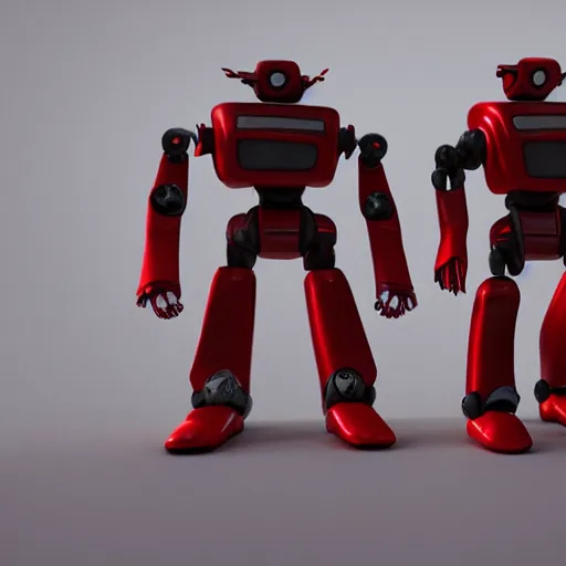 Image similar to small robot characters in red, warzone, octane render