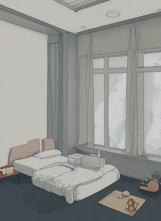 Prompt: studio ghibli illustration of a room, central perspective, liminal space all white minimal hotel room, white studio light, artstation, anime water color shading, sharp focus high quality 8 k