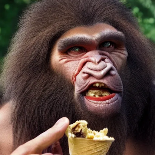 Prompt: photo of a neanderthal caveman eating ice cream