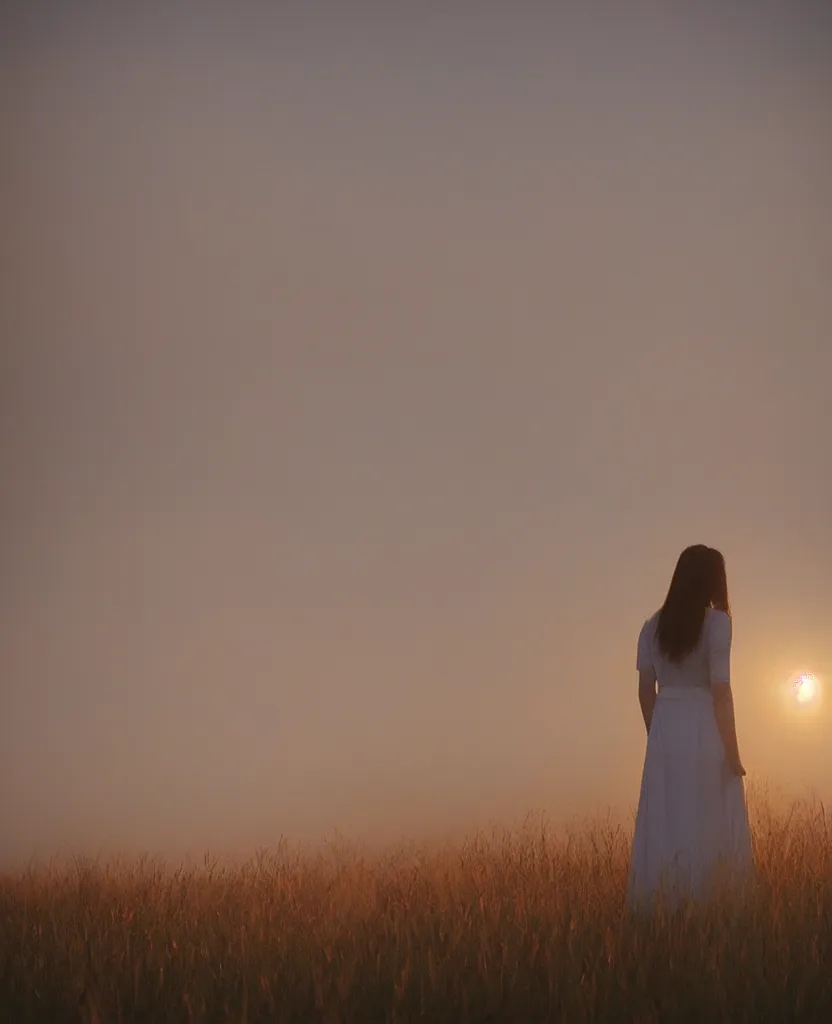 Prompt: “ a sad woman wearing a white gown standing in a tall grass field during a misty sunset, realism ”