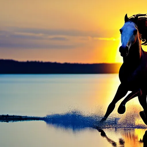 Prompt: a horse running on a lake, with sunset, photorealistic, cinematic, well detailed, HDR, 8k