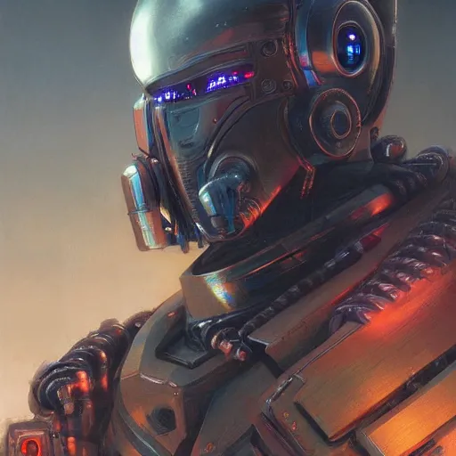 Image similar to robot as a realistic scifi cyberpunk knight, closeup portrait art by donato giancola and greg rutkowski, vintage retro scifi, realistic face, digital art, trending on artstation, glowing energy shielf, symmetry!!!