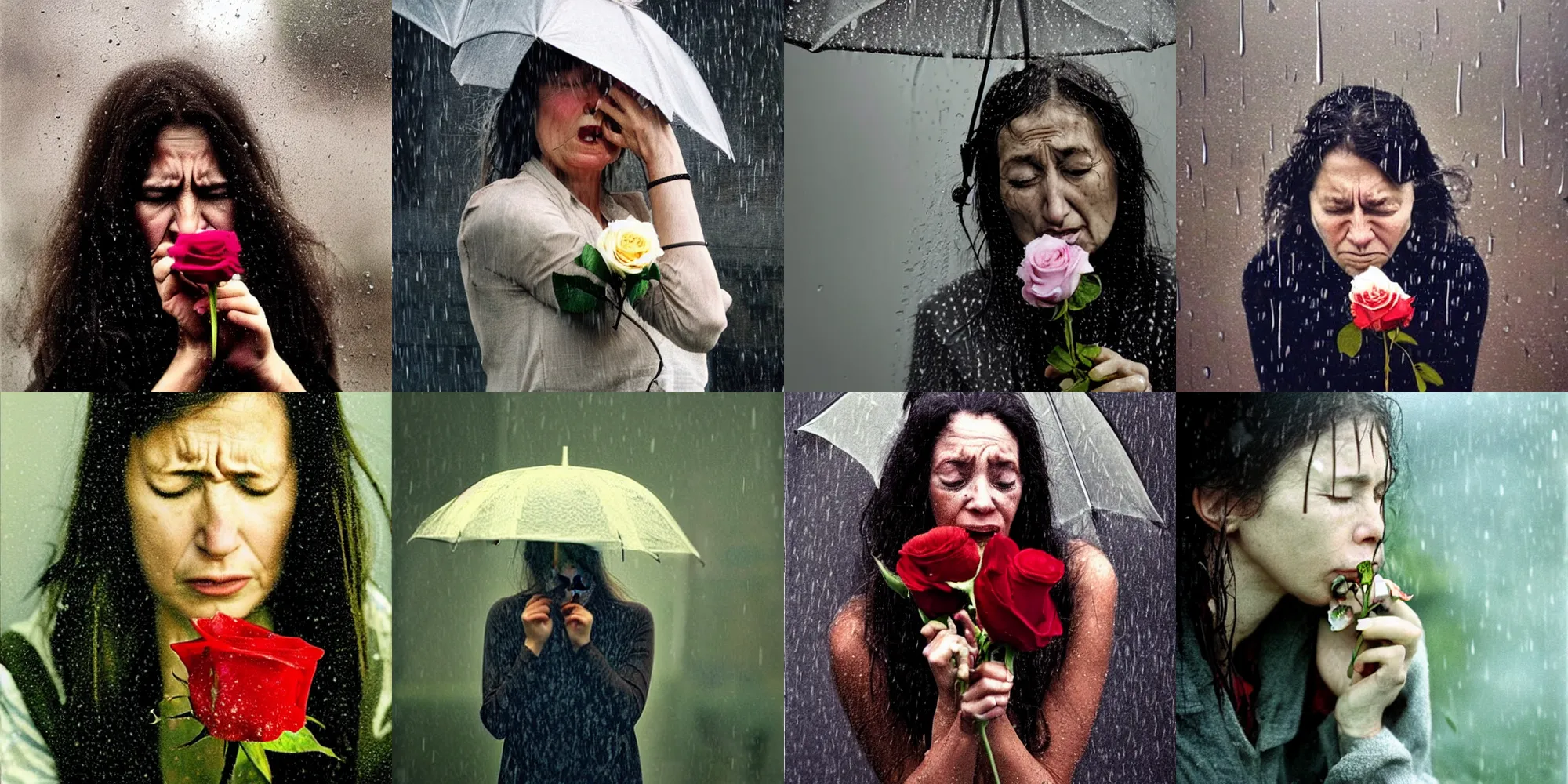 Prompt: a photo of a weeping woman clutching a rose in the rain!!!!!!!!!!, photorealistic!!!!!, photo by annie leibovitz, moody