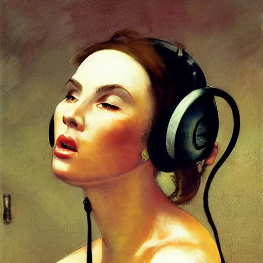 Prompt: Portrait of a woman with headphones that is shocked at what she's hearing, by Robert McGinnis.