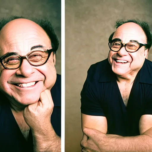 Prompt: Danny Devito smiling, photoshoot, 30mm, Taken with a Pentax1000, studio lighting