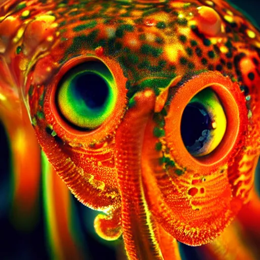 Image similar to fiery whimsical emotional eyes cephalopod, in a photorealistic macro photograph with shallow dof