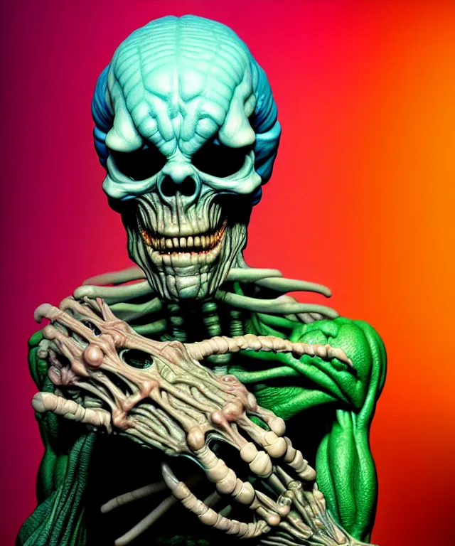 Image similar to hyperrealistic rendering, cronenberg flesh monster skeletor by art of skinner and richard corben and jeff easley, product photography, action figure, sofubi, studio lighting, colored gels