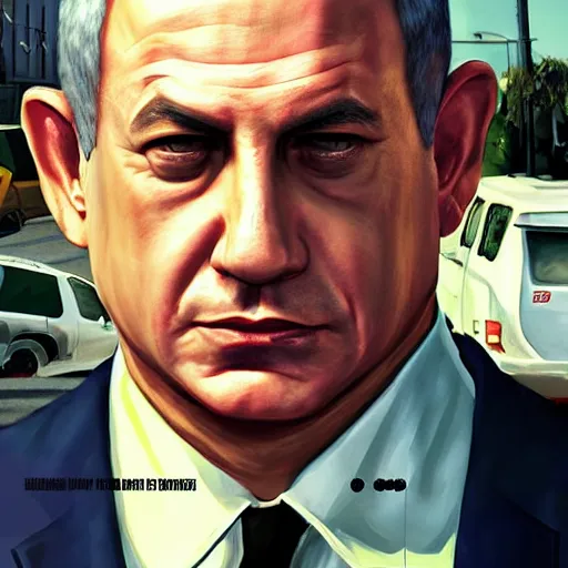 Image similar to benjamin netanyahu in gta v, cover art by stephen bliss, artstation, no text