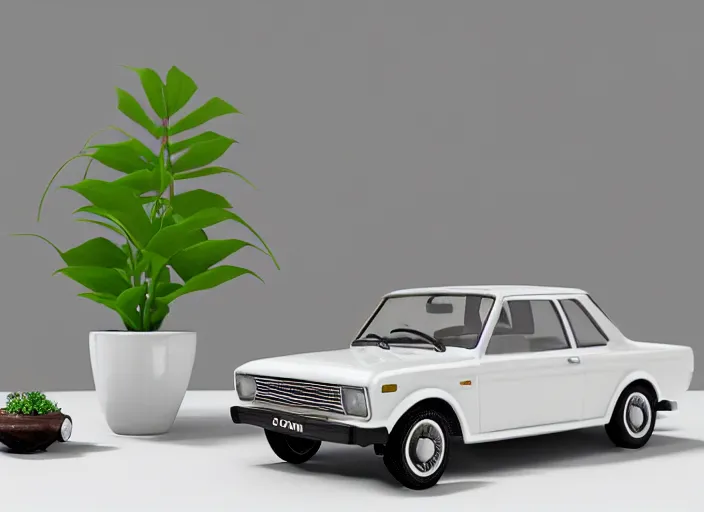 Image similar to a small miniature of a Ford Cortina 1980 on a white table near a book and a vase with a plant, 3d render, octane render, unreal engine 5, path tracing, serene landscape, calm, relaxing, beautiful landscape, highly detailed, high quality, 4k, symmetrical, low contrast