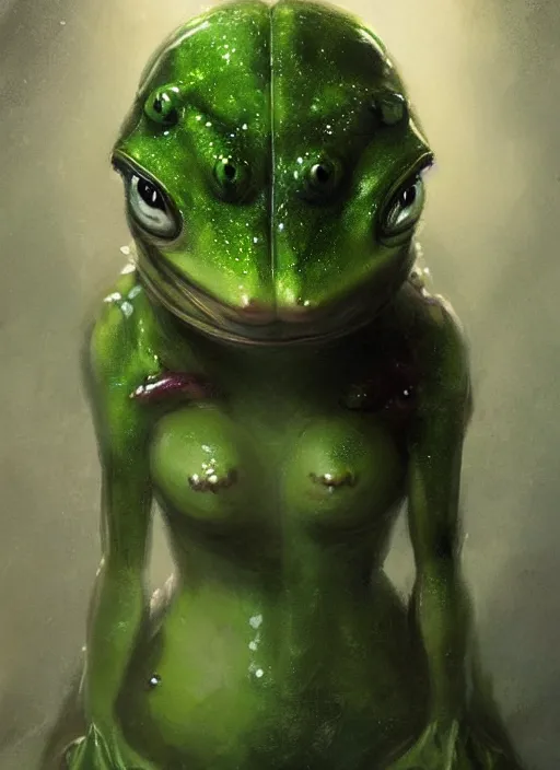 Prompt: portrait of my ethereal waifu cute innocent green slimy alien female froggy lady, ana de armas, with adorable uwu eyes painted by greg rutkowski, wlop, 7 0 s scifi