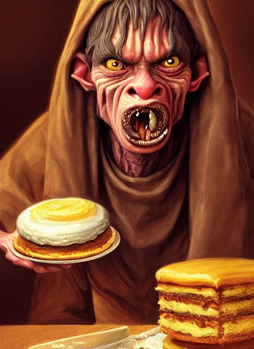 Image similar to portrait of a medieval goblin eating cakes in the cloisters, beautiful face, hyper realistic, highly detailed digital painting by earl norem, artstation illustration co