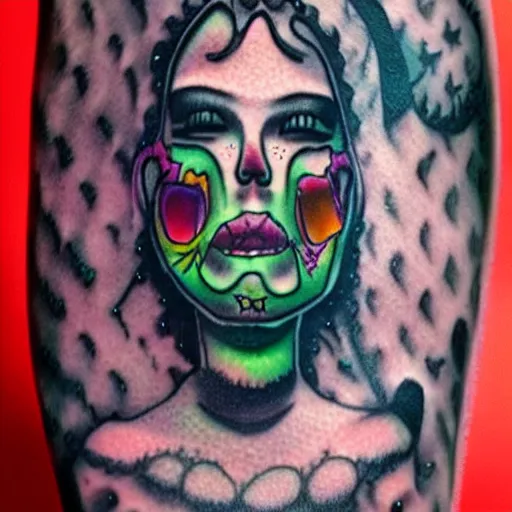 Image similar to cyber gothic version of pippi longstocking, smiling face, tattooed skin, color restoration, safety pins,