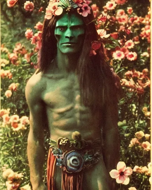 Image similar to sauron with flowers on his hair, hippie, 1 9 6 0 s, world peace, mordor