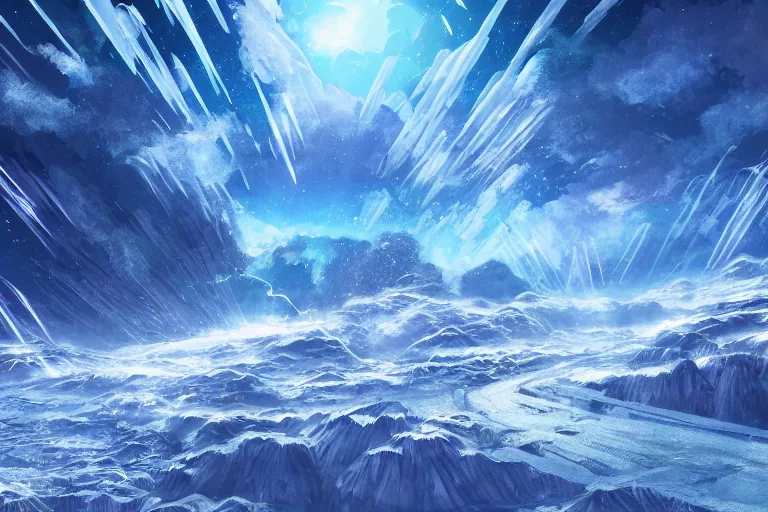 Prompt: blue themed ice crystal landscape, meteor shower, epic, miyazaki style, cinematic, indie, highly detailed, featured on artstation, highly detailed, abstract