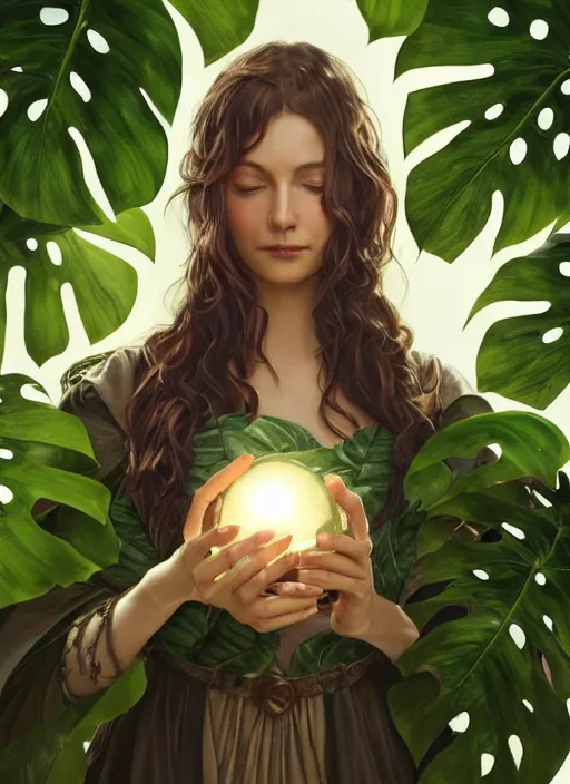 Image similar to a female druid with monstera leaf themed clothing, fully clothed, monstera leaves in the background, holding a glowing orb of leaves, volumetric lighting, D&D, fantasy, intricate, cinematic lighting, highly detailed, digital painting, artstation, concept art, smooth, sharp focus, illustration, art by Artgerm and Greg Rutkowski and Alphonse Mucha