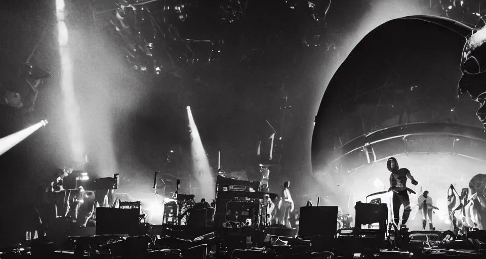 Prompt: a photo of the prodigy playing live with aphex twin on mars in a domed sold out arena