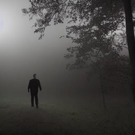 Image similar to Elon Musk walks alone through the woods at night, gloomy, dark, foggy, night, ominous, dark color, atmospheric, cinematic lighting, intricate detail?