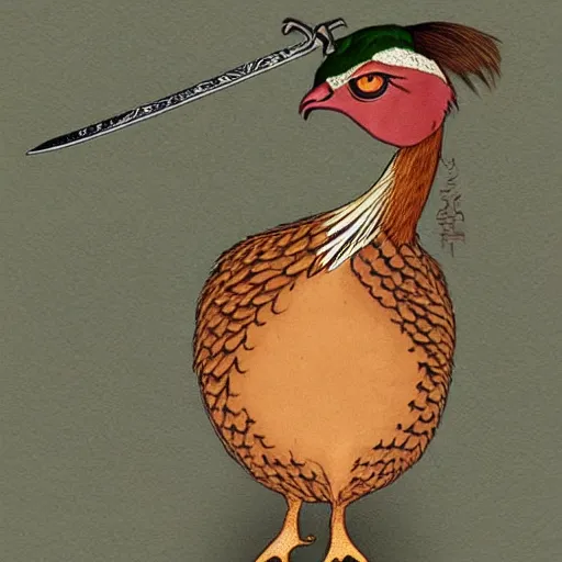 Prompt: pheasant holding a sword, by lily seika jones Instagram, rivuletpaper art,
