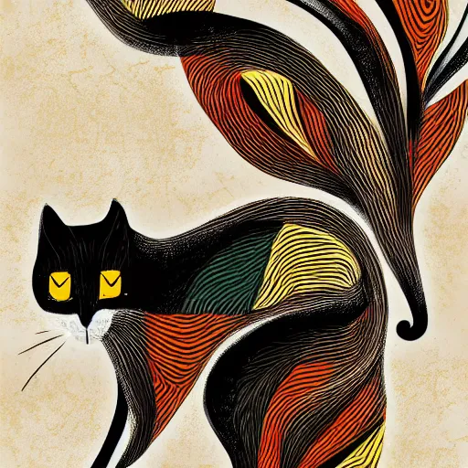 Image similar to A highly stylized conceptual art 4k shaded matte illustration of two abstract expressionist cats intertwined together in the style of Kandinksy