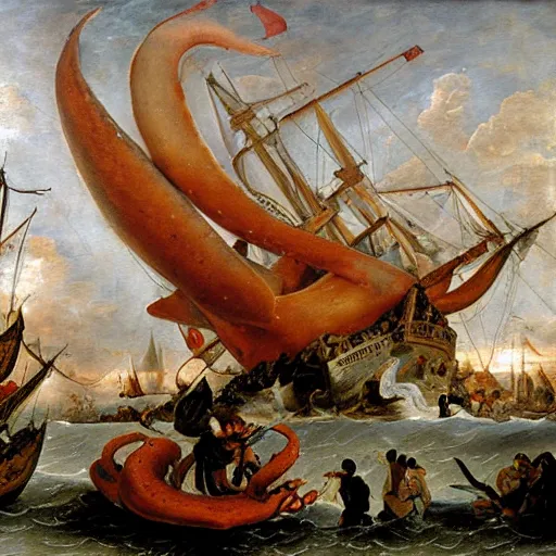 Image similar to A giant squid destroying a cruise ship in the middle of the ocean, oil painting by Jan Steen