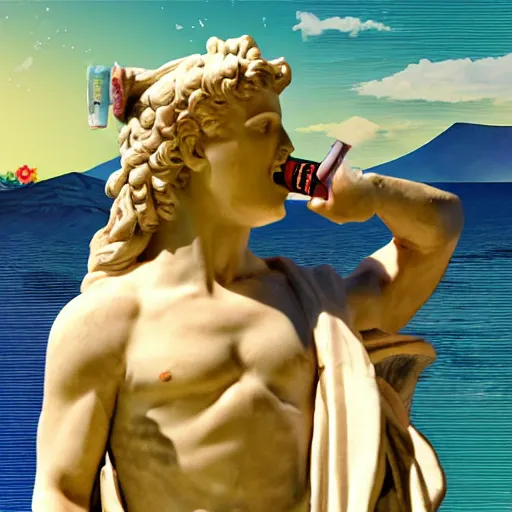 Prompt: a greek statue drinking fiji water, vaporwave background