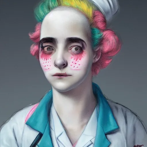 Image similar to clowncore pastel punk young hospital nurse wearing stylish uniform. detailed, portrait, 8 k, artwork by jean - baptiste monge