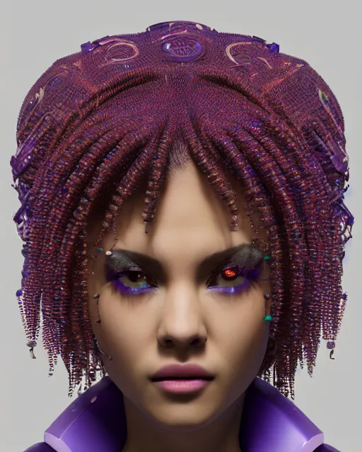 Prompt: a cyberpunk mulatto beauty queen, by wlop, by justin bua, motherboard, circuitry, wires, neon lights, beads, curly afro, micro detail, octane render, physically based rendering, sci - fi, intricate, insane details, photorealism, 8 k, cgsociety